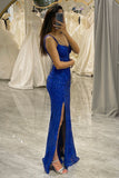 Royal Blue Glitter Deep V-neck Mermaid Prom Dress with Slit