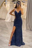 Sparkly Spaghetti Straps Mermaid Prom Dress with Slit