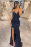 Sparkly Spaghetti Straps Mermaid Prom Dress with Slit