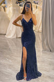 Sparkly Spaghetti Straps Mermaid Prom Dress with Slit