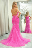 Mermaid Hot Pink Beading Tulle Prom Dress with Lace-up Back