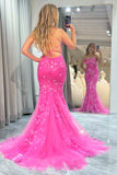 Mermaid Hot Pink Beading Tulle Prom Dress with Lace-up Back