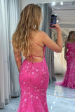 Mermaid Hot Pink Beading Tulle Prom Dress with Lace-up Back