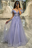 Lavender Off the Shoulder Feathers Tulle Prom Dress with Appliques