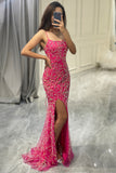 Hot Pink Beading Mermaid Prom Dress with Slit