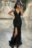 Black Glitter Deep V-neck Feathers Mermaid Prom Dress with Slit