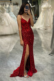 Mirror Sequins Red Glitter Mermaid Prom Dress with Slit