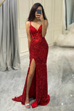 Mirror Sequins Red Glitter Mermaid Prom Dress with Slit