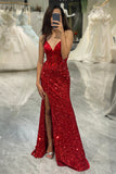 Mirror Sequins Red Glitter Mermaid Prom Dress with Slit