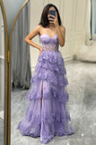 Lavender Sparkly Tiered A Line Princess Prom Dress with Slit