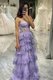 Lavender Sparkly Tiered A Line Princess Prom Dress with Slit