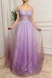 Gradient Lilac Sparkly A Line Tulle Long Prom Dress With Appliques