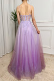 Gradient Lilac Sparkly A Line Tulle Long Prom Dress With Appliques