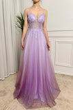 Gradient Lilac Sparkly A Line Tulle Long Prom Dress With Appliques