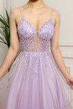 Gradient Lilac Sparkly A Line Tulle Long Prom Dress With Appliques