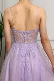 Gradient Lilac Sparkly A Line Tulle Long Prom Dress With Appliques