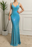 Sparkly Mermaid Spaghetti Straps Long Turquoise Prom Dress With Beading