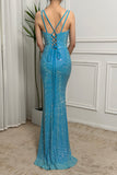 Sparkly Mermaid Spaghetti Straps Long Turquoise Prom Dress With Beading