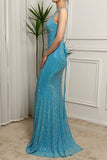 Sparkly Mermaid Spaghetti Straps Long Turquoise Prom Dress With Beading