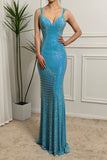 Sparkly Mermaid Spaghetti Straps Long Turquoise Prom Dress With Beading