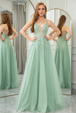 Spaghetti Straps Green A Line Tulle Prom Dress with Appliques