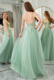 Spaghetti Straps Green A Line Tulle Prom Dress with Appliques