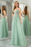 Spaghetti Straps Green A Line Tulle Prom Dress with Appliques