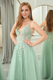 Spaghetti Straps Green A Line Tulle Prom Dress with Appliques