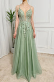 Green A Line Spaghetti Straps Tulle Long Prom Dress With Appliques