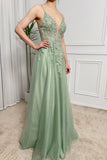 Green A Line Spaghetti Straps Tulle Long Prom Dress With Appliques