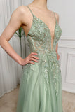 Green A Line Spaghetti Straps Tulle Long Prom Dress With Appliques