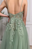 Green A Line Spaghetti Straps Tulle Long Prom Dress With Appliques