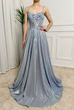 Silver A-Line Spaghetti Straps Long Glitter Prom Dress With Appliques