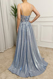 Silver A-Line Spaghetti Straps Long Glitter Prom Dress With Appliques