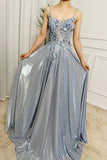 Silver A-Line Spaghetti Straps Long Glitter Prom Dress With Appliques