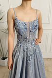 Silver A-Line Spaghetti Straps Long Glitter Prom Dress With Appliques