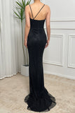 Glitter Black Mermaid Spaghetti Straps Cut Out Long Prom Dress With Beading