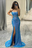 Glitter Blue Corset Mermaid Prom Dress with Slit