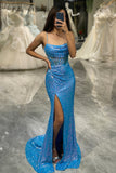 Glitter Blue Corset Mermaid Prom Dress with Slit