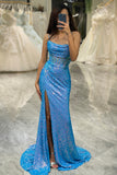 Glitter Blue Corset Mermaid Prom Dress with Slit