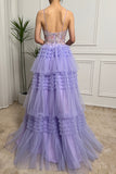 Lilac Tulle A Line Tiered Corset Long Prom Dress With Beaded Flower Appliques