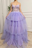 Lilac Tulle A Line Tiered Corset Long Prom Dress With Beaded Flower Appliques