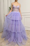 Lilac Tulle A Line Tiered Corset Long Prom Dress With Beaded Flower Appliques