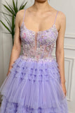 Lilac Tulle A Line Tiered Corset Long Prom Dress With Beaded Flower Appliques