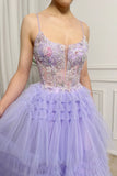 Lilac Tulle A Line Tiered Corset Long Prom Dress With Beaded Flower Appliques