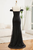 Black Spaghetti Straps A Line Formal Dress with Side Slit