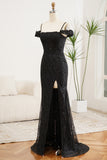 Black Spaghetti Straps A Line Formal Dress with Side Slit