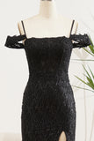 Black Spaghetti Straps A Line Formal Dress with Side Slit