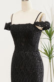 Black Spaghetti Straps A Line Formal Dress with Side Slit