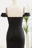 Black Spaghetti Straps A Line Formal Dress with Side Slit